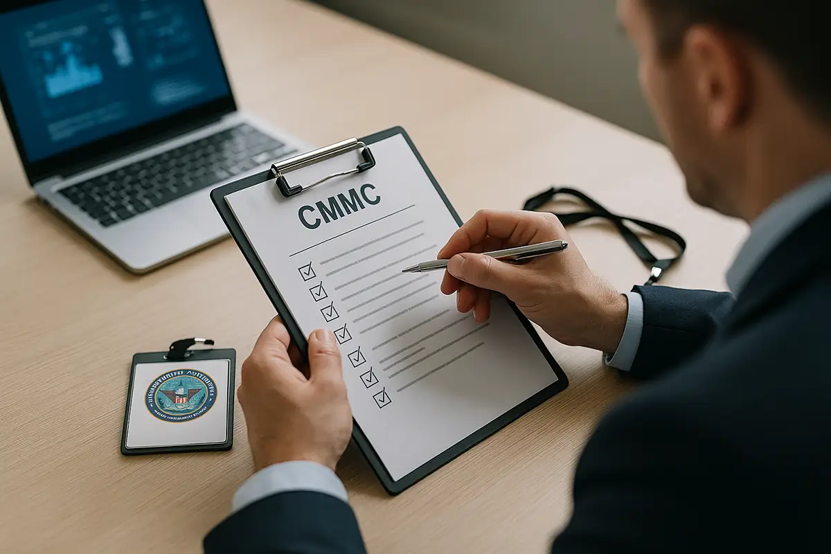 Professional reviewing a CMMC compliance checklist on a clipboard, with a Department of Defense badge and laptop on a wooden desk